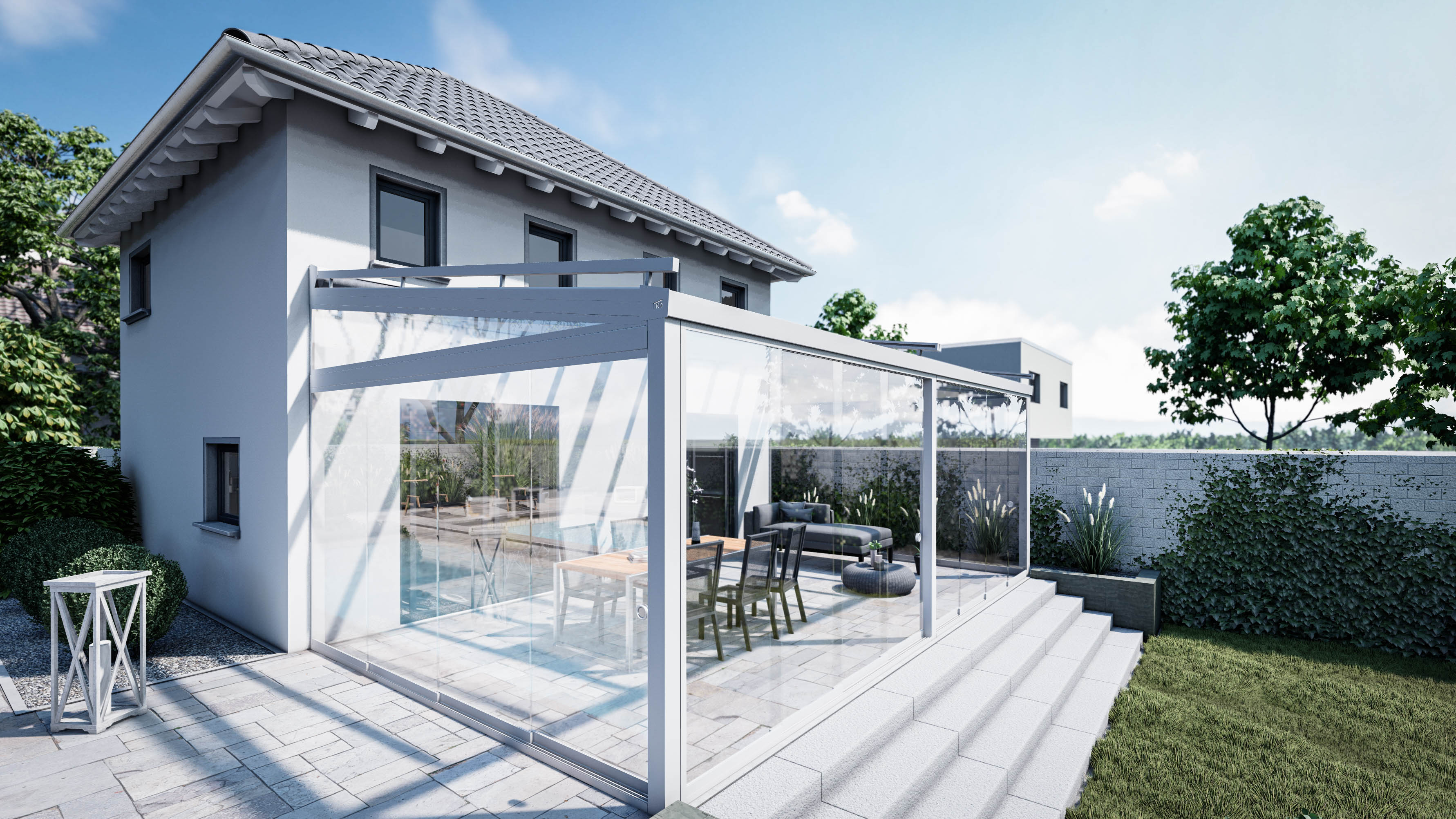 Ein Bild von einem Haus und einer Terrassenüberdachung mit Solaranlage von musterhaus.net. Quelle: https://images.musterhaus.net/images/company/677/solarterrassen-bild-1.jpg