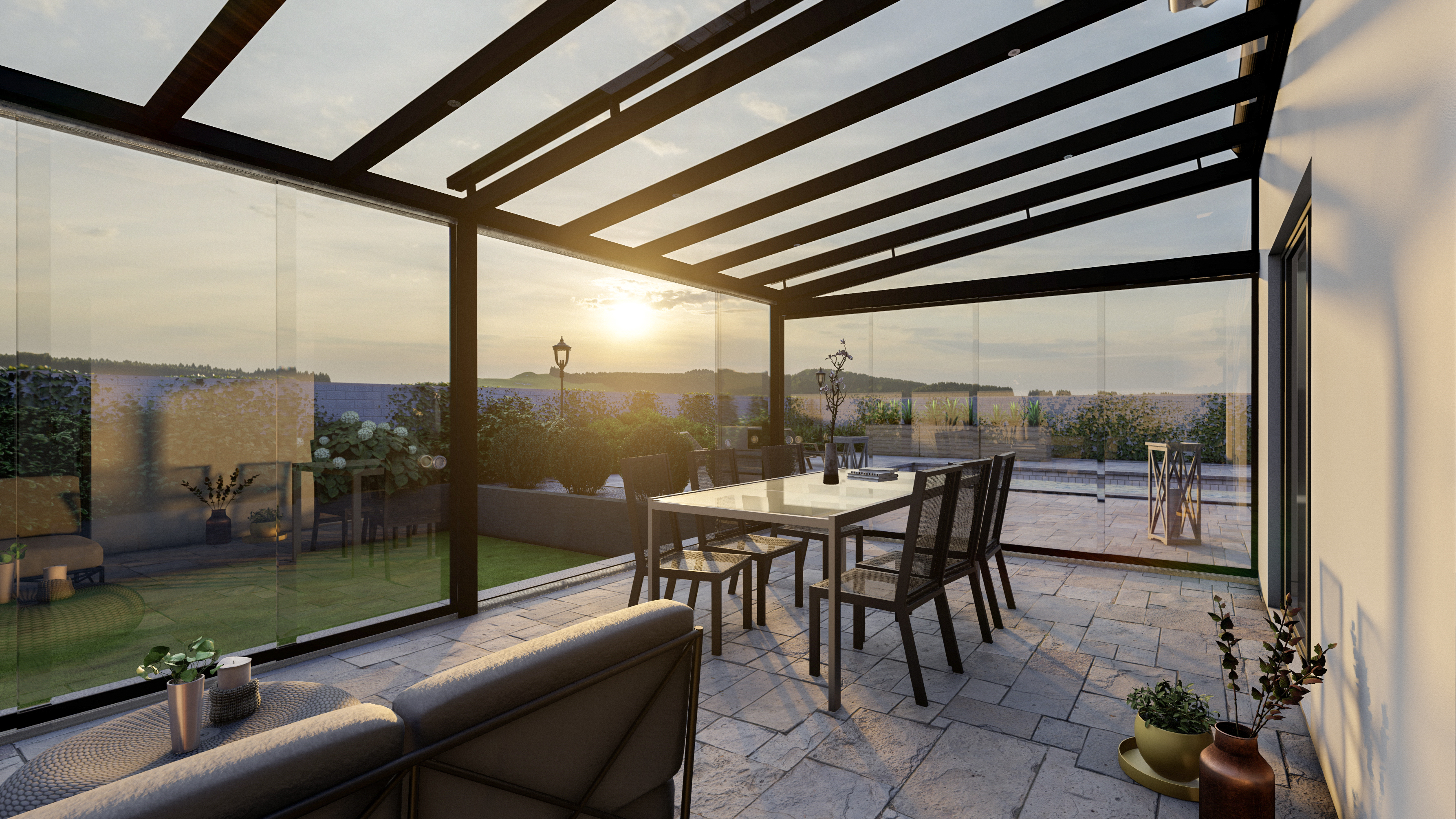 Ein Bild von einem Haus und einer Terrassenüberdachung mit Solaranlage von musterhaus.net. Quelle: https://images.musterhaus.net/images/company/677/solarterrassen-bild-1.jpg
